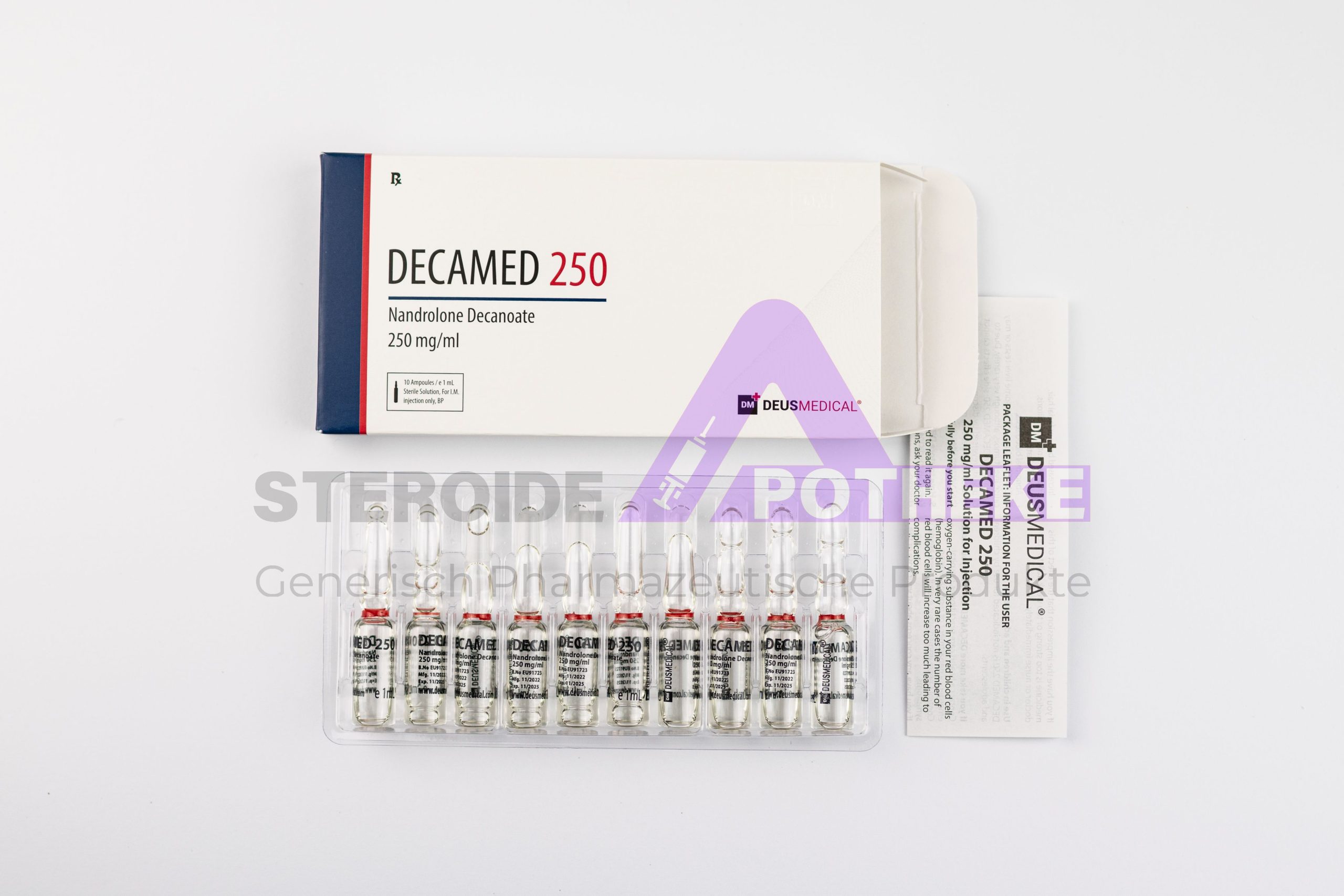 Decamed 250 (Nandrolon Decanoat) von Deus Medical. Verpackung mit 10 Ampullen, jede enthält 1 ml mit 250 mg Nandrolon Decanoat