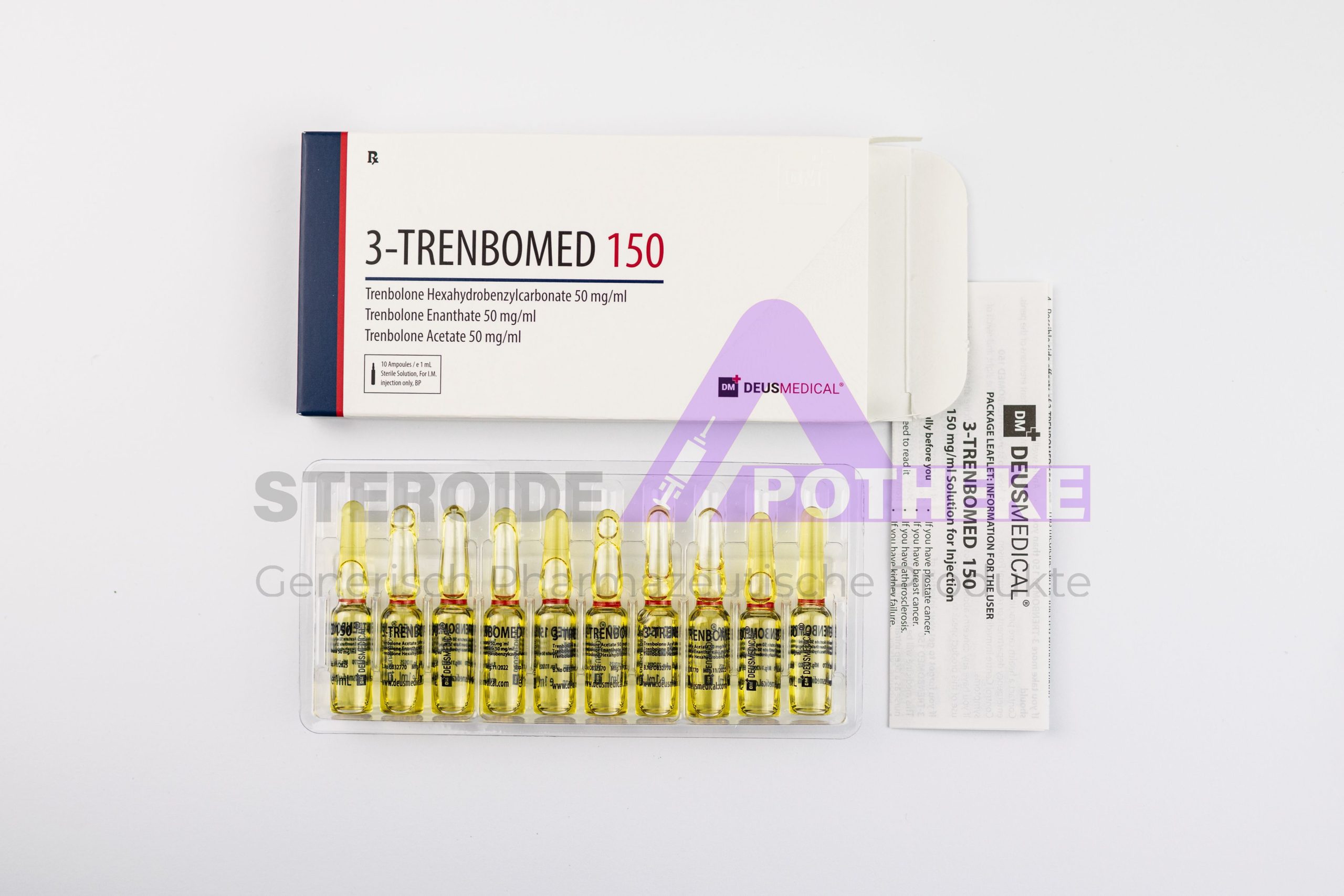 Trenbomed 150 von Deus Medical. Verpackung mit 10 Ampullen, jede enthält 1 ml mit 150 mg Trenbolon