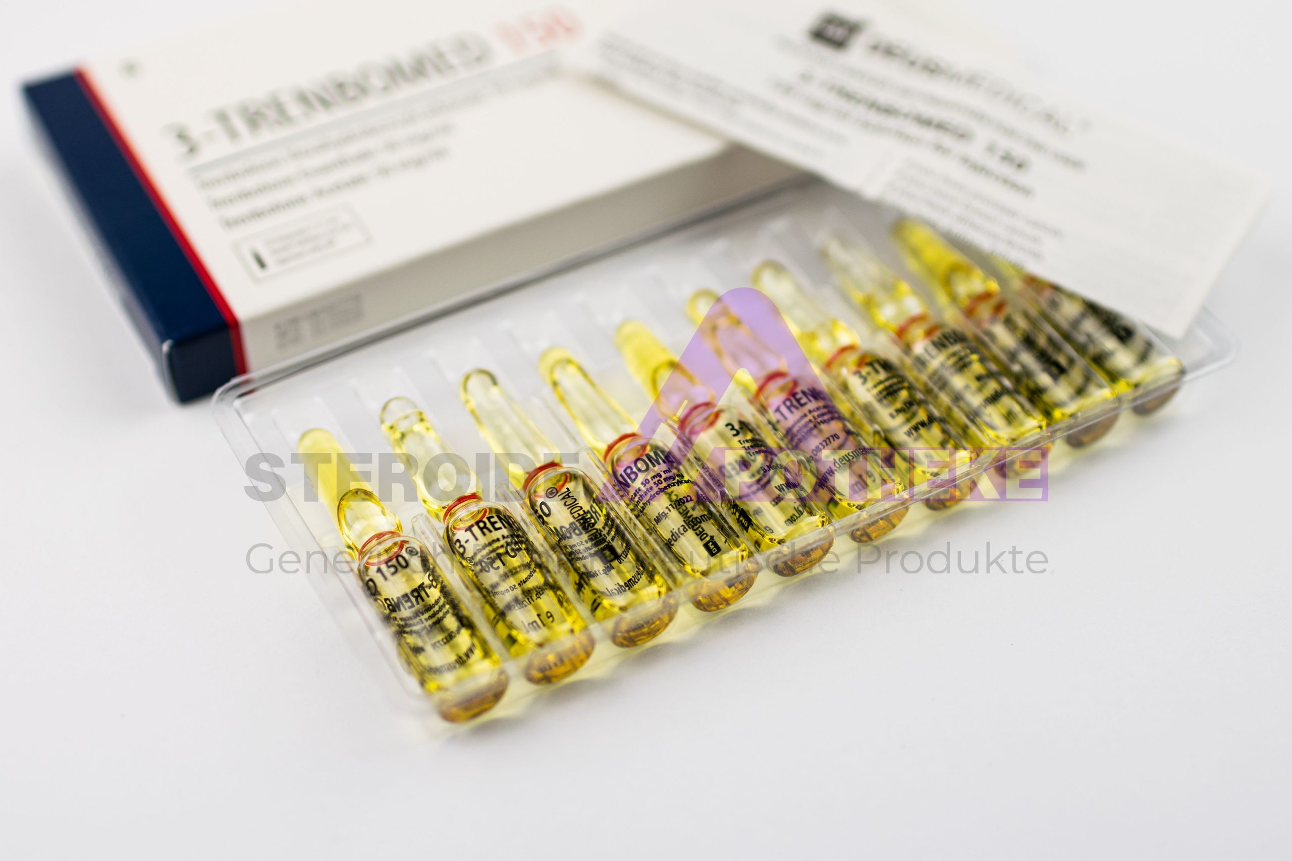 Trenbomed 150 von Deus Medical. Verpackung mit 10 Ampullen, jede enthält 1 ml mit 150 mg Trenbolon