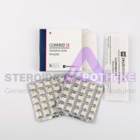 CLOMIMED 50 (Clomifencitrat) von Deus Medical. Packung mit 50 Tabletten, jede enthält 50 mg Clomifencitrat