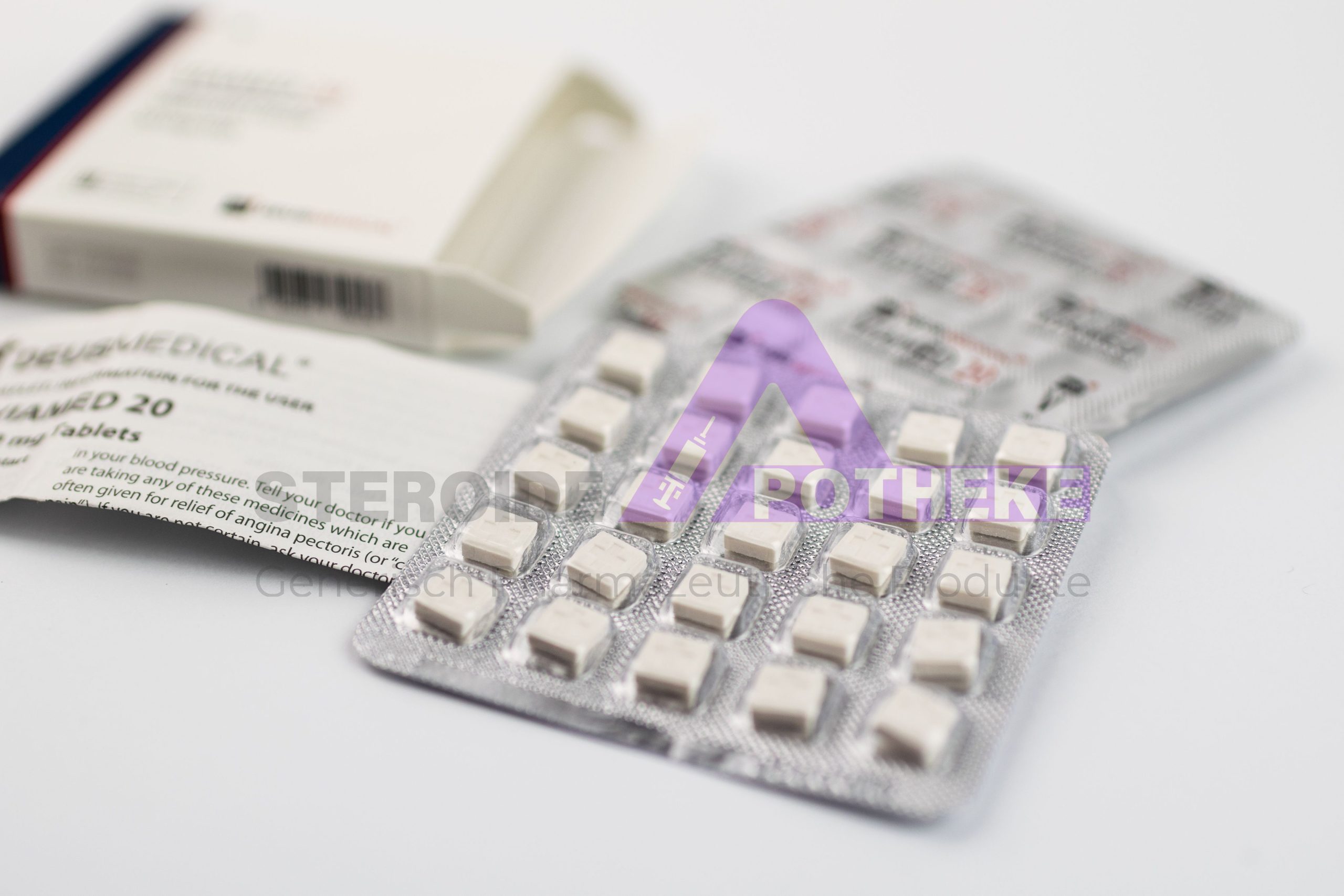 VIAMED 20 (Sildenafil-Zitrat) von Deus Medical. Packung mit 50 Tabletten, jede enthält 20 mg Sildenafil-Zitrat