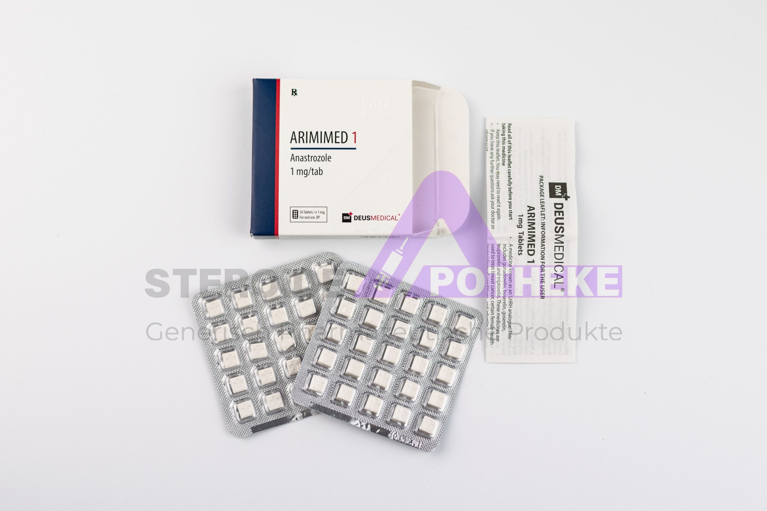 ARIMIMED 1 (Arimidex) von Deus Medical. Packung mit 50 Tabletten, jede enthält 1 mg Anastrozol