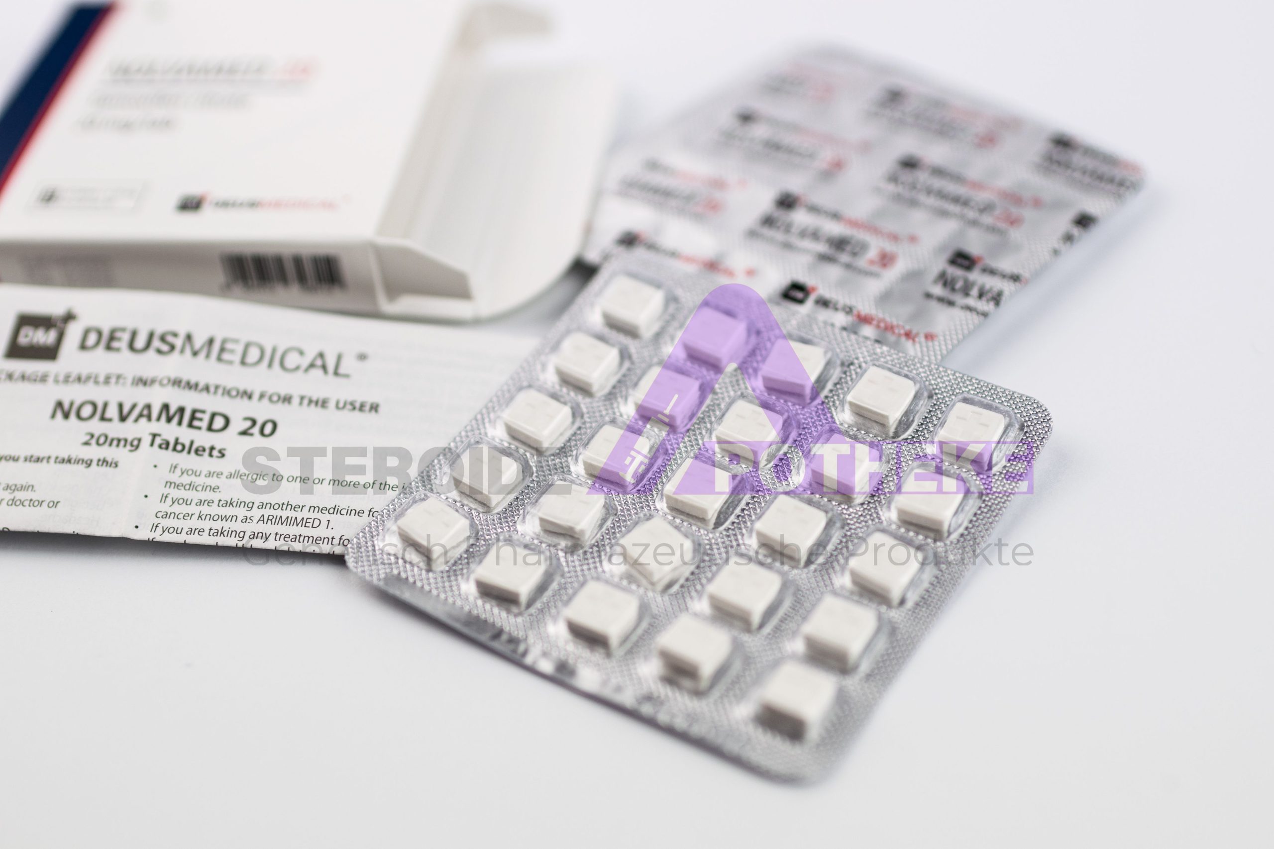NOLVAMED 20 (Tamoxifen) von Deus Medical. Packung mit 50 Tabletten, jede enthält 20 mg Tamoxifen